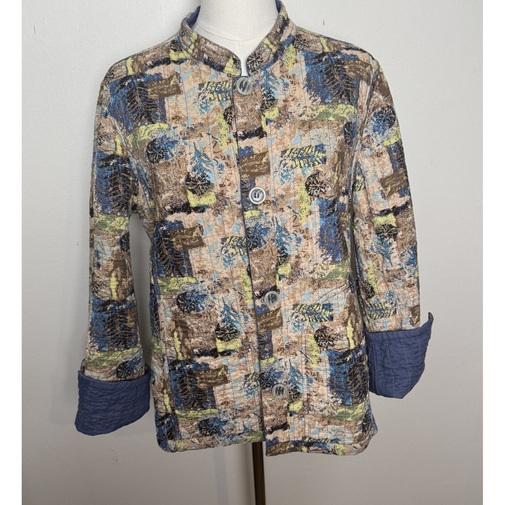 Reversible Quilted Jacket Patchwork Blue Cotton Handmade Style Button Front Med